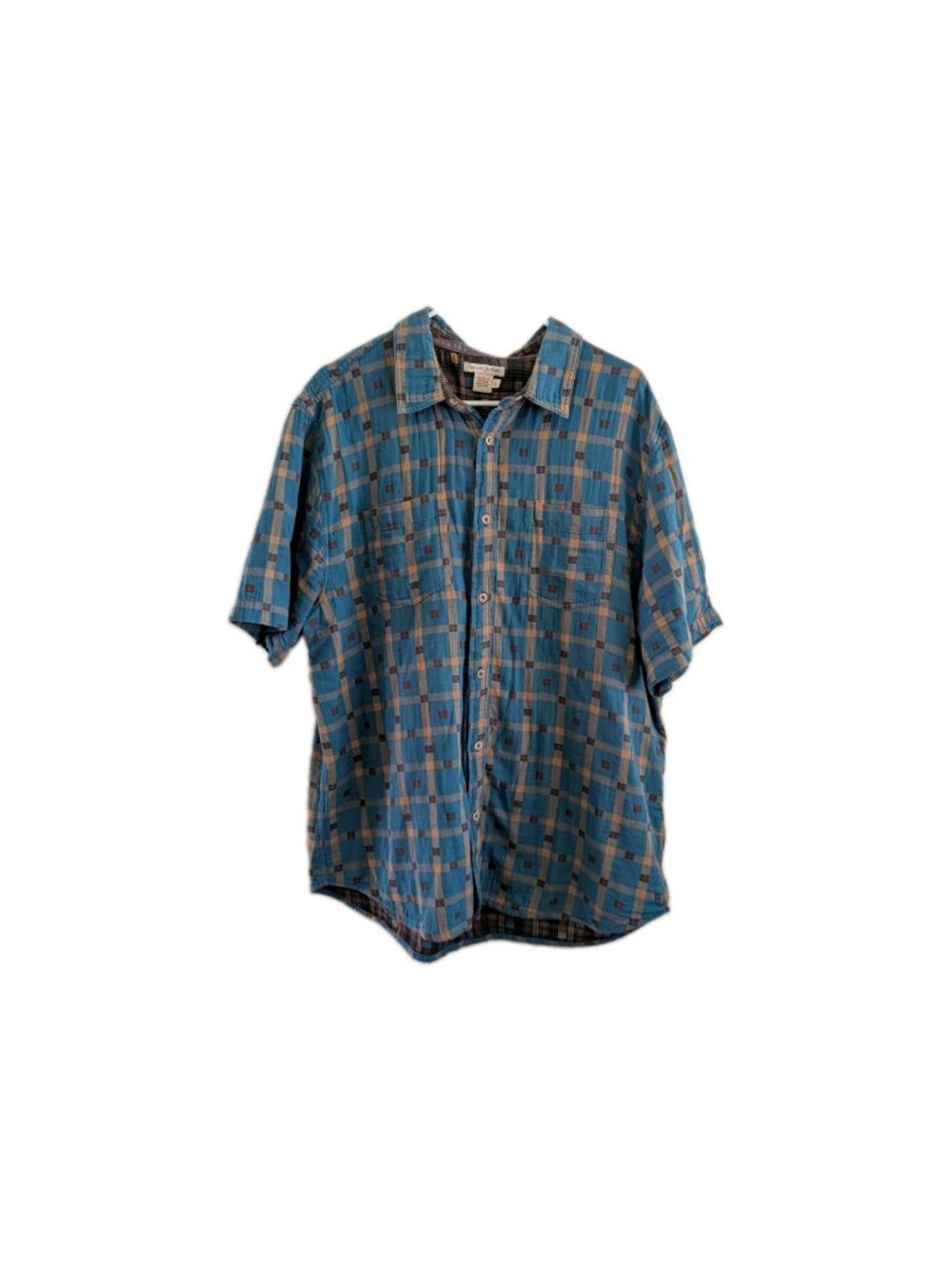 Carbon 2 Cobalt Plaid Short Sleeve Shirt Mens L Double Cloth Blue Plaid Button